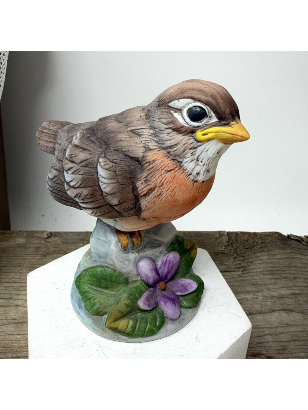 Robin By Andrea Figurine, Vintage- Hand-Painted Porcelain Bird On Floral Base Ma